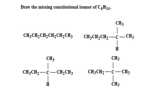 Constitutional isomers for c6h14. Expert Answer. 1. Draw all constitutional isomers formed by monochlorination of each alkane: (Smith, 2011, p. 565) a. b. (CH3)2CCH2CH2CH2CH3 c. CH d. 2. Five isomeric alkanes (A-E) having the molecular formula C6H14 are each treated with Cl2 + hv to give alkyl halides having molecular formula C6H13C1. A yields five constitutional isomers. 