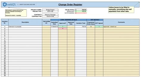 Construction Change Order Log Template Excel prntbl