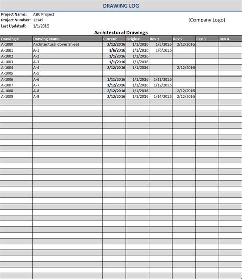 Construction Drawing Log Template Excel