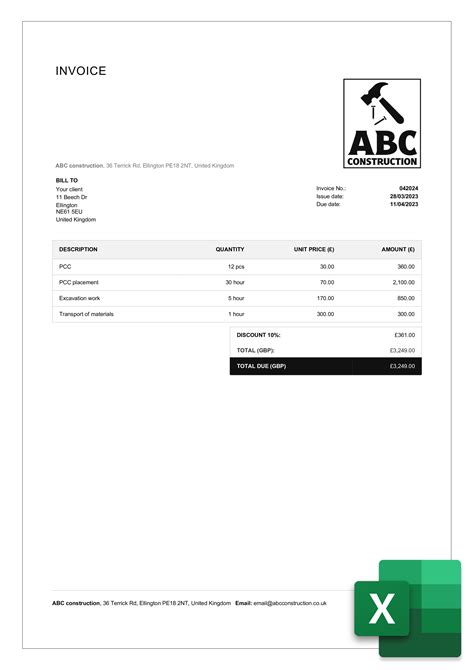 Construction Invoice Template Excel invoice example