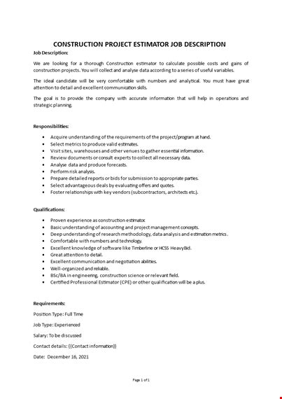 Construction Project Estimator Job Description