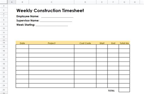 Construction Time Sheets Template Sample Templates