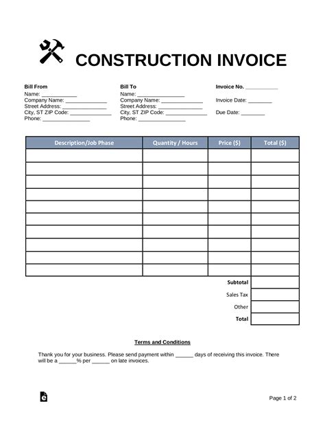 Construction Work Invoice Template