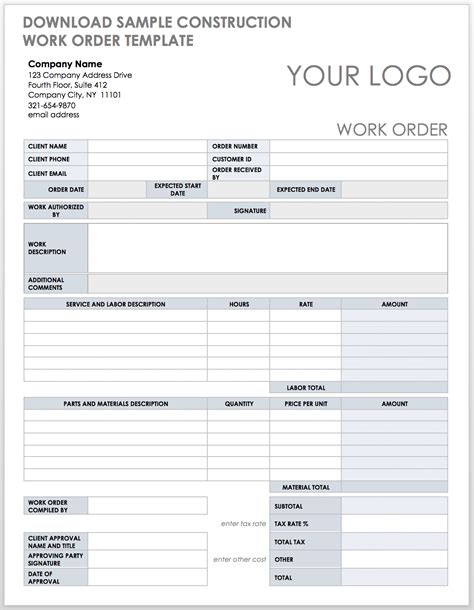 Construction Work Order Template Word