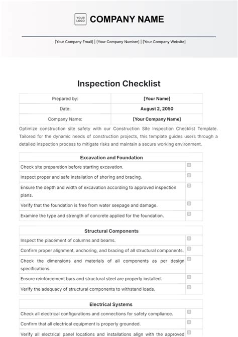 Construction inspection checklist sample in Word and Pdf formats page