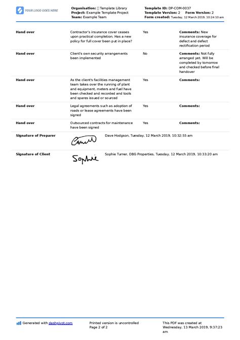 Construction project handover document sample to use or copy