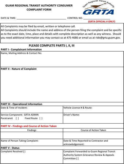 Consumer Complaint Form GRTA Guam Regional Transit Authority