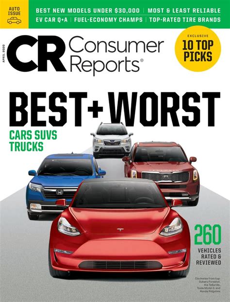 Consumer report magazine. The Tesla Model Y makes its debut on the list (the Model 3 was on it last year), aided by improved reliability. Making its second showing, the BMW X5 takes the top spot for luxury vehicles. Read ... 