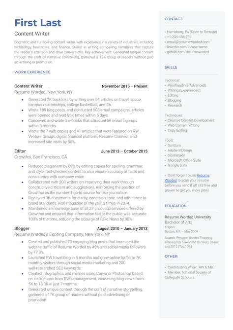 Content Writer CV Examples & Templates VisualCV
