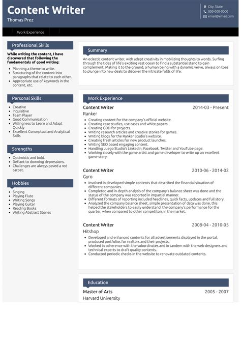 Content Writer Resume Samples and Templates VisualCV