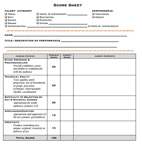 Contest Judging Form Costume Contest Score Sheet Template