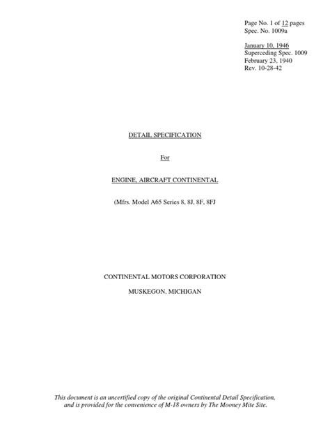 Continental a65 carburetor.  The document is organized into sections covering specifications...