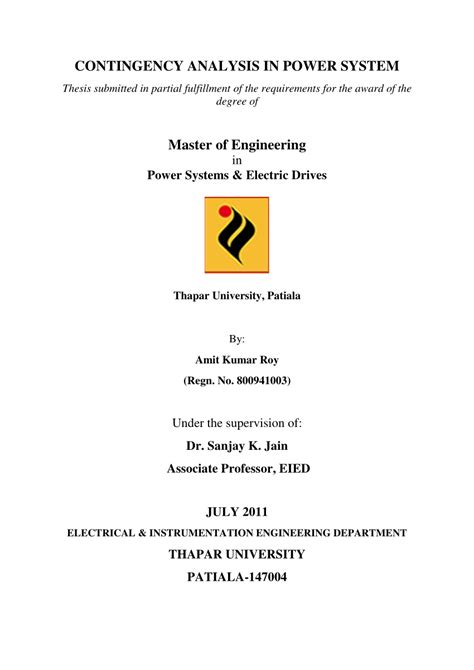 Contingency Analysis In Power System Thapar University