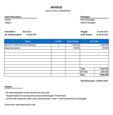 Contoh Invoice Down Payment