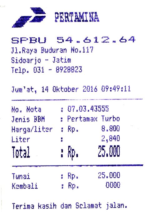 Contoh bon bensin manual.  Contoh nota bensin manual.  Diponegoro, DR.  Contoh B...