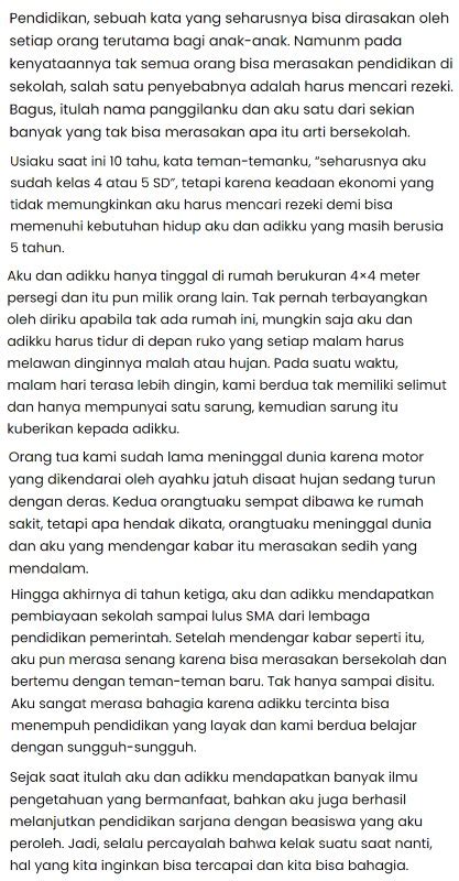 Contoh cerpen tentang kehidupan diri sendiri.  Contoh pertama mencerit...