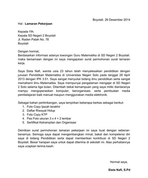 Contoh surat lamaran kerja guru sd. .  ...