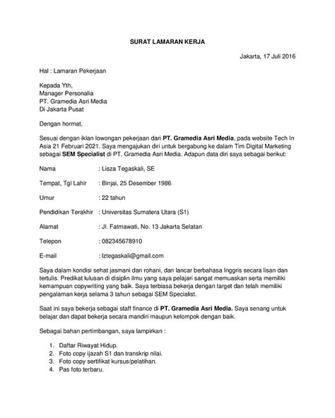 Contoh surat lamaran kerja ketik word. .  ...