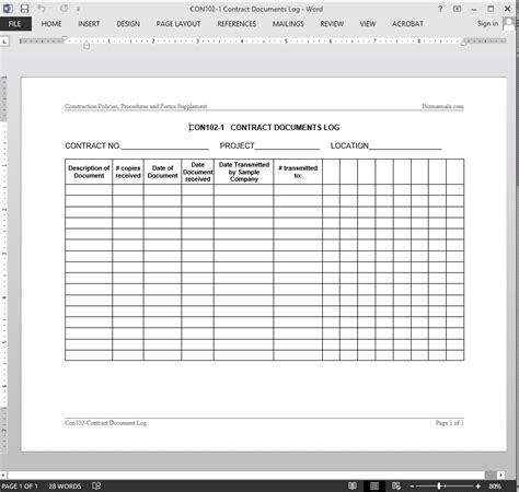 Contract Documents Log Template