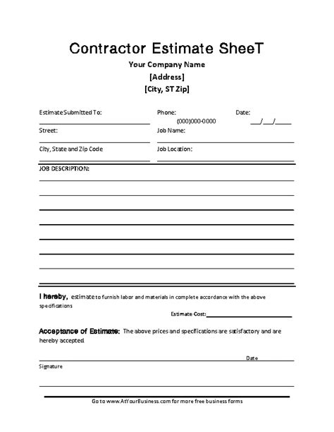 Contractor Blank Estimate Sheet Template Free Download PDFSimpli