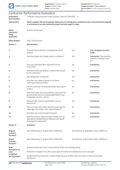 Contractor Performance Evaluation Template Excel Fill Out and Sign