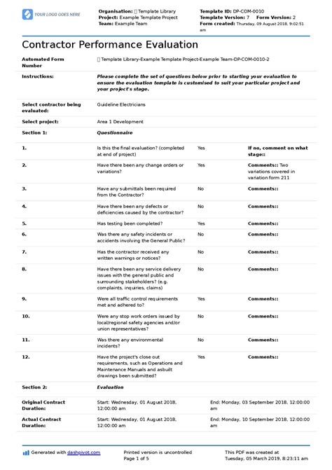 Contractor Performance Report template Free and customisable report