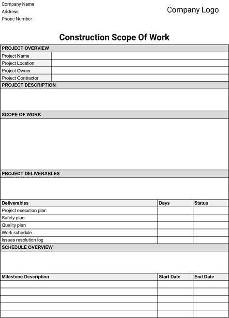Contractor Scope Of Work Template Addictionary