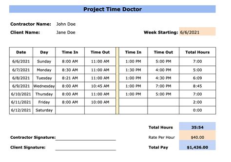 Contractor Timesheet Template Excel Database