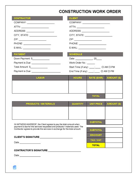 Contractor Work Order Template HQ Template Documents