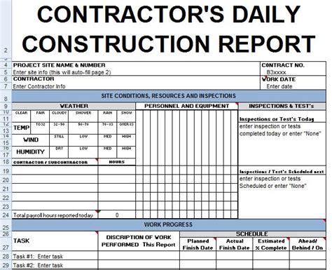 Contractors daily report template excel Civil engineering program
