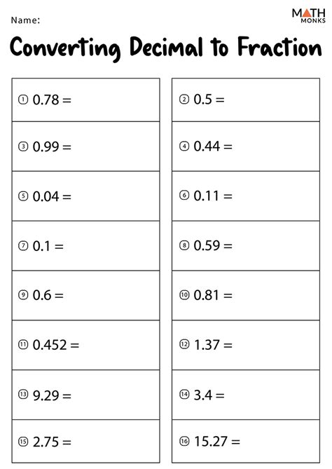 Convert Decimal Into Fraction Worksheets