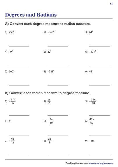 Convert Radians To Degrees Worksheets
