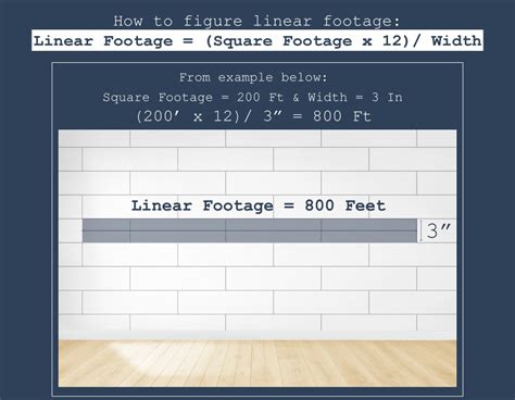 Linear footage is calculated by measuring the lengths of a space or objects in feet using a tape measure and adding them together. Width, height, and thickness measurements are not included. Convert the units using suitable converters if needed. Linear Feet = sum of linear measurements in inches / 12.. 