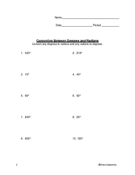 Converting Between Degrees and Radians Set 2 Worksheet Classful