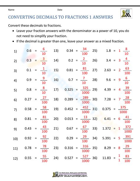 Converting Decimals To Fractions Worksheet