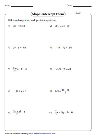 Converting Equations Into Slope Intercept Form Worksheet