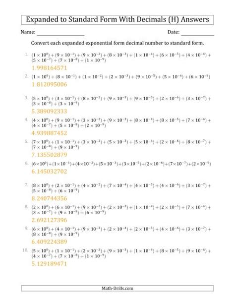 Converting Standard Form Decimals to Expanded Exponential Form (1Digit