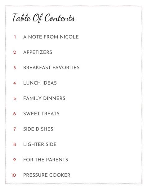 Cookbook Sections Free Printable Table Contents Template Homemade