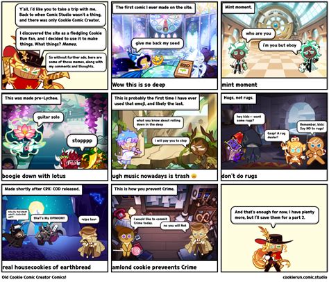 Create comics with Cookie run kingdom characters and send them to your friends! 0. If any errors occur while using the comic creator, you'll be able to find them here ...