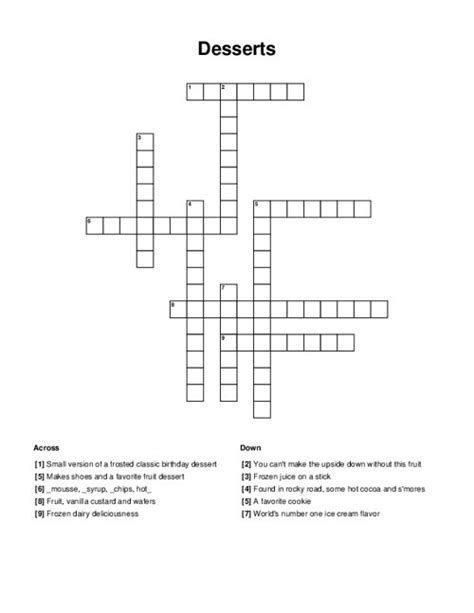 Cool dessert crossword puzzle clue. Join our newsletter for exclusive features, tips, giveaways! Follow us on social media. We use cookies for analytics tracking and advertising from our partners. For more informatio... 