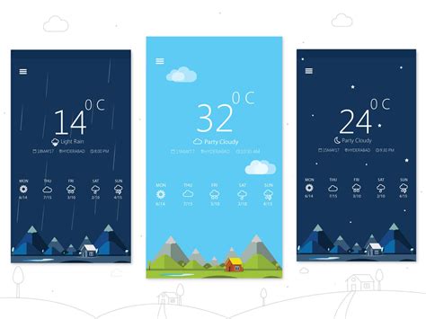 Weather App Concept. My idea of weather app is show sky on screen of the phone with information of daily temperature and precipitation. For example it it is a cloudy day, it could have a blue-gray gradient to remind us of the cloudy sky. Fog in the morning looks so magic, it is usually a light blue, purple or pink combination..