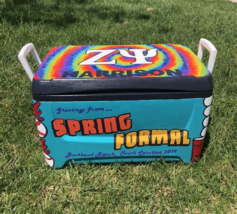 Cooler for frat formal. Once your spar urethane is dry, you should have a water-proof, formal-proof, fraternity-guy-proof, and “gets-thrown-down-the-stairs”-proof-cooler! Even if there are times you want to either set you cooler on fire, or just buy him a foam one, once it’s done, even the most uncrafty girl should feel proud of herself! 