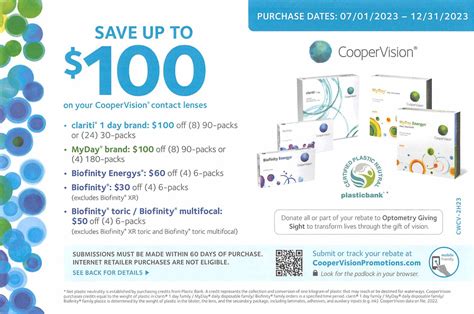 on your CooperVision® contact lenses $100 SAVE UP TO • Simple mobile-friendly submission • Quick processing • Track status anytime at CooperVisionPromotions.com • Option to donate all or part of your rebate to Optometry Giving Sight to transform lives through the gift of vision • ®CooperVision clariti 1 day is the first net plastic .... 