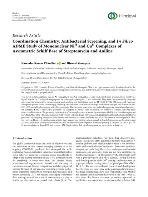 Coordination Chemistry, Antibacterial Screening, and In Silico …