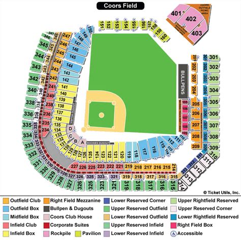 Coors field seat map. Still located on the lowest tier of the field but further down the line, these Box Level seats are the best place to be on the Coors Field seating chart for catching a foul ball. Ticket prices are cheaper than the Field Level Infield, making them a good place to find a lower level value buy. 
