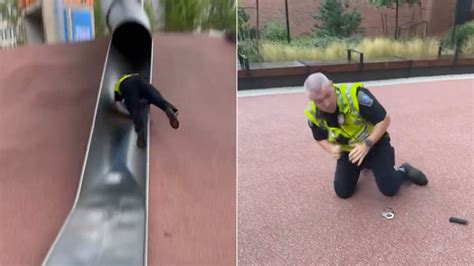 Cop slide. A video shared widely online Tuesday shows a uniformed Boston police officer barrelling down a metal slide at City Hall Plaza’s new playground. A loud … 