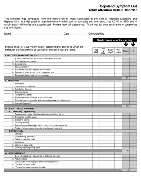Copeland Symptom Checklist for Attention Deficit Disorders Adult Version
