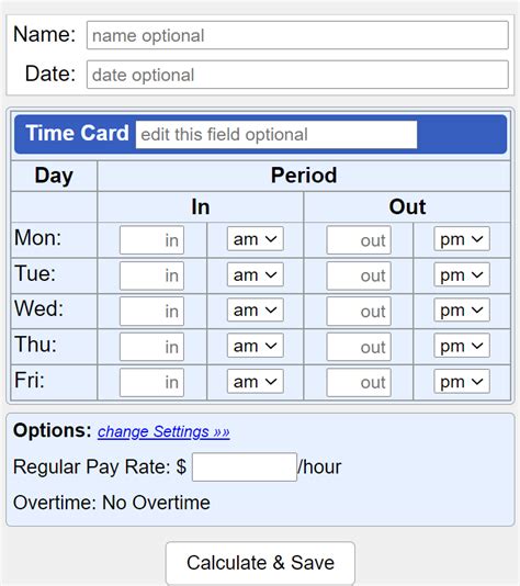 A time clock calculator or time card calculator is an online calculator tool that enables individuals to sum up their working hours for the day or the whole week. Time clock calculators are simple and typically free to use and may allow individuals to input additional work-related data. Apart from the starting and ending times, most calculators .... 