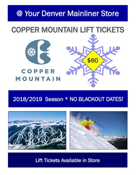 Copper Mountain Promo Codes and Coupons July 2023. Copper Mountain Coupons & Promo Codes. coppercolorado.com. 3 Discount & Promo Codes July 2023 . No ratings yet. Copper Mountain coupon codes. All [ 3 ] Coupons [ 3 ] Offers [ 0 ] Sitewide [ 0 ] Freeshipping [ 0 ] 40% off. code. get 40% off at copper mountain w/code.