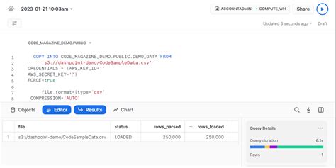 Copy into sql.  Snowflake CLONE and COPY INTO commands let you duplicate or move tables wit...